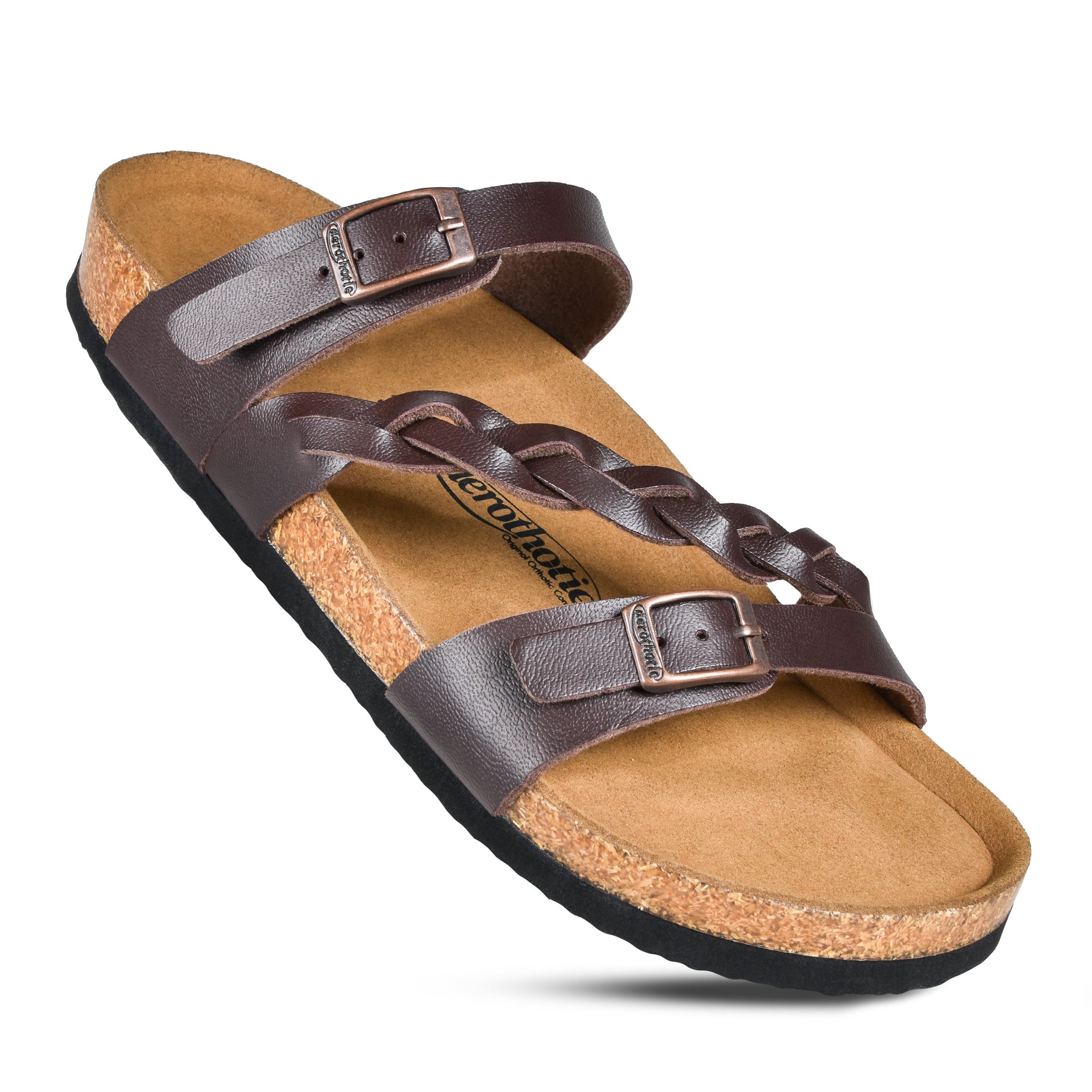 Brown sandal with two buckled straps and a braided strap, cork footbed, and black sole.