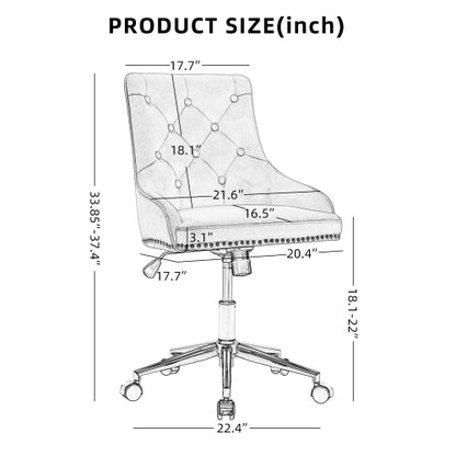 Office chair dimensions with tufted back, adjustable height, and wheeled base, in grayscale.