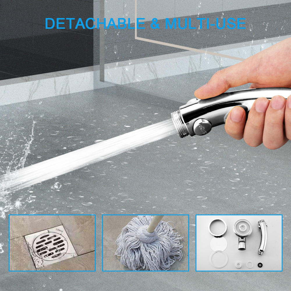 Hand holds chrome sprayer shooting water on wet floor. Drain, mop, and parts are shown.