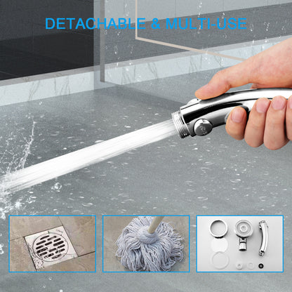 Hand holds chrome sprayer shooting water on wet floor. Drain, mop, and parts are shown.