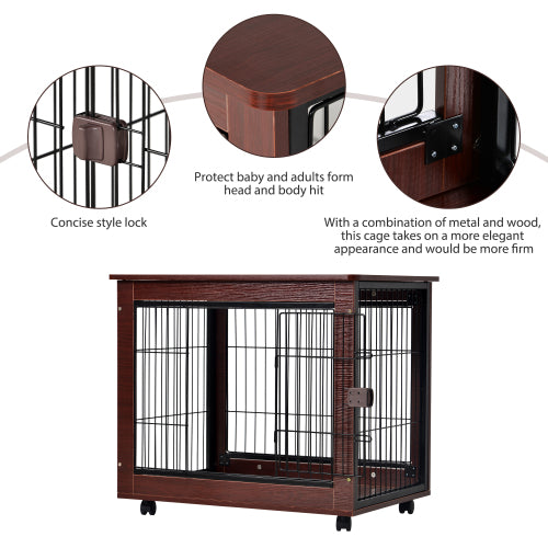 Wood and metal pet crate with a locking mechanism, rounded edges, and wheels for mobility.