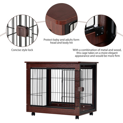 Wood and metal pet crate with a locking mechanism, rounded edges, and wheels for mobility.