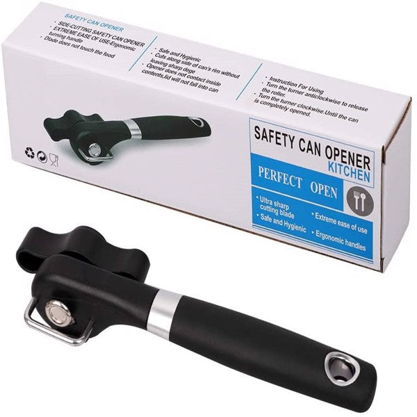 Black safety can opener with a silver ring and ergonomic handle, next to its white and blue box.