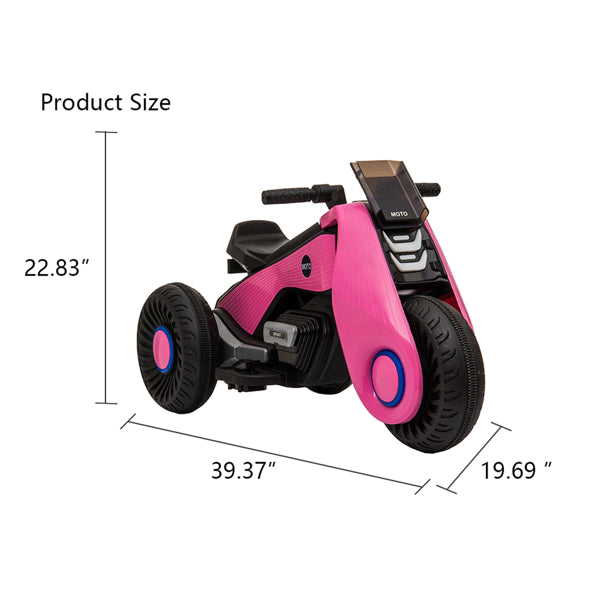 Pink electric tricycle with large black wheels and blue accents, shown with dimensions.