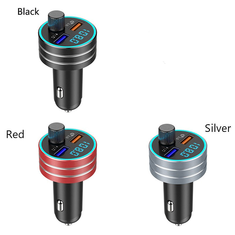 Three car chargers in black, red, and silver with digital displays and dual USB ports.