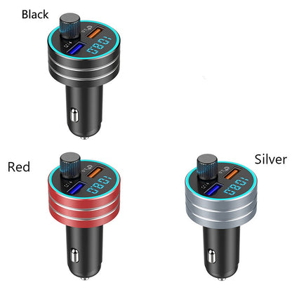 Three car chargers in black, red, and silver with digital displays and dual USB ports.