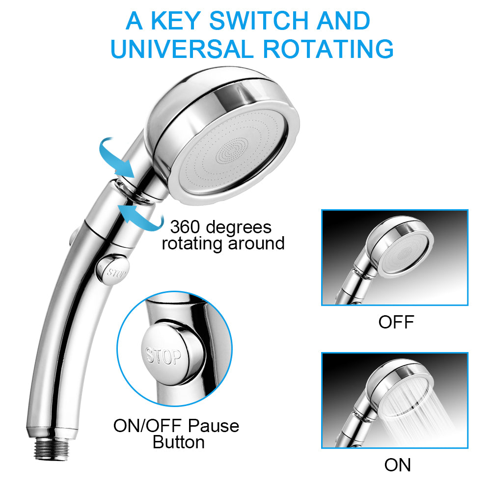 Chrome showerhead with 360° rotation, ON/OFF button, and water flow settings.