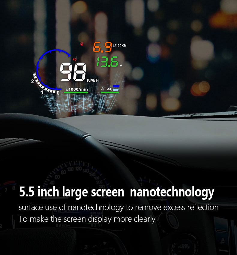 A car dashboard displaying digital speed and fuel data with a 5.5-inch HUD.
