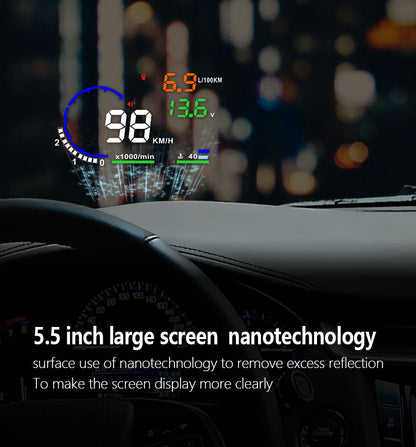 A car dashboard displaying digital speed and fuel data with a 5.5-inch HUD.
