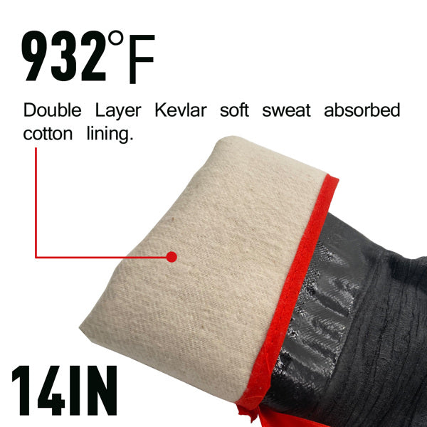 Kevlar glove with cotton lining, red trim; heat resistance text reads "932°F" and "14IN" length.