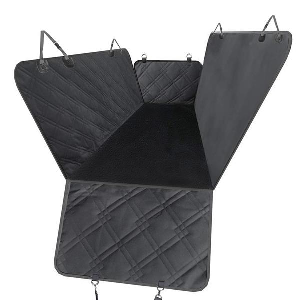 Black quilted car seat cover with a hammock design and adjustable straps.