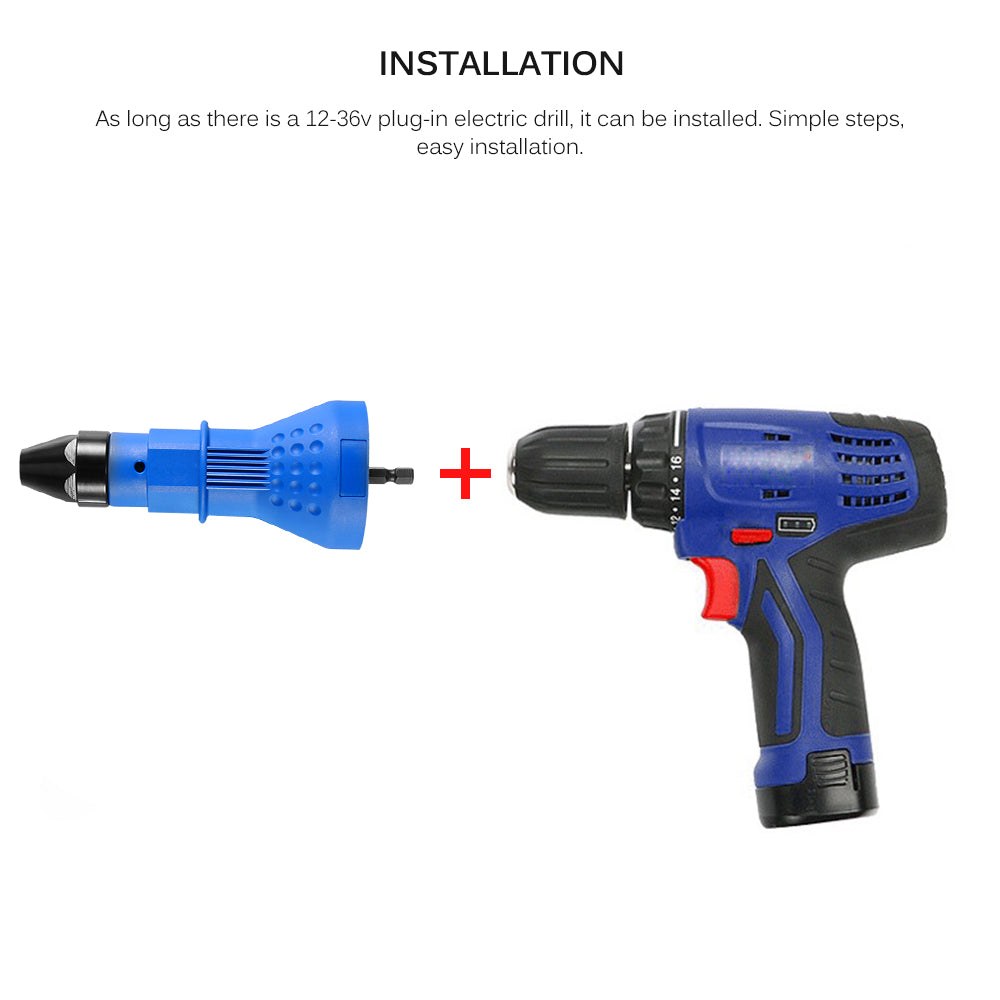Blue electric drill attachment and drill, with red plus sign between them on white background.