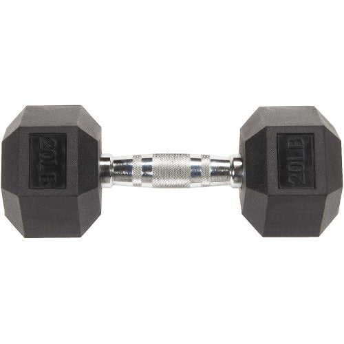Black hex dumbbell with textured silver grip handle, marked "20 LB" on both ends.