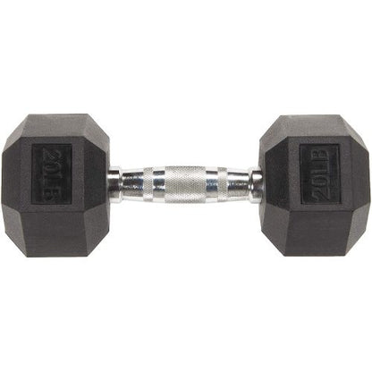 Black hex dumbbell with textured silver grip handle, marked "20 LB" on both ends.