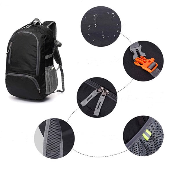 Black backpack with gray zippers, orange buckle, and mesh pockets; water-resistant fabric shown.