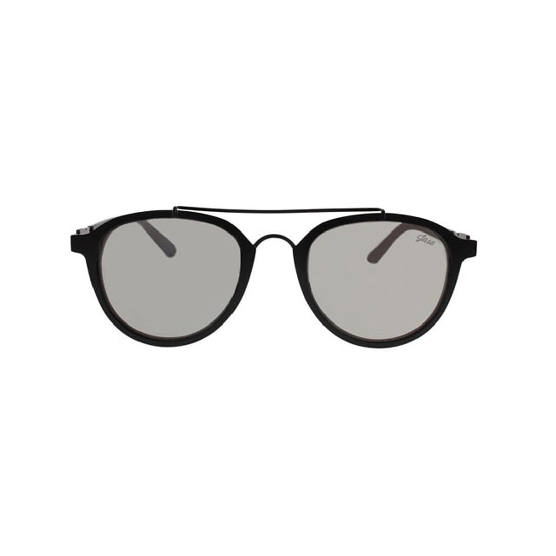 Black round sunglasses with dark tinted lenses and a thin top bridge on a white background.