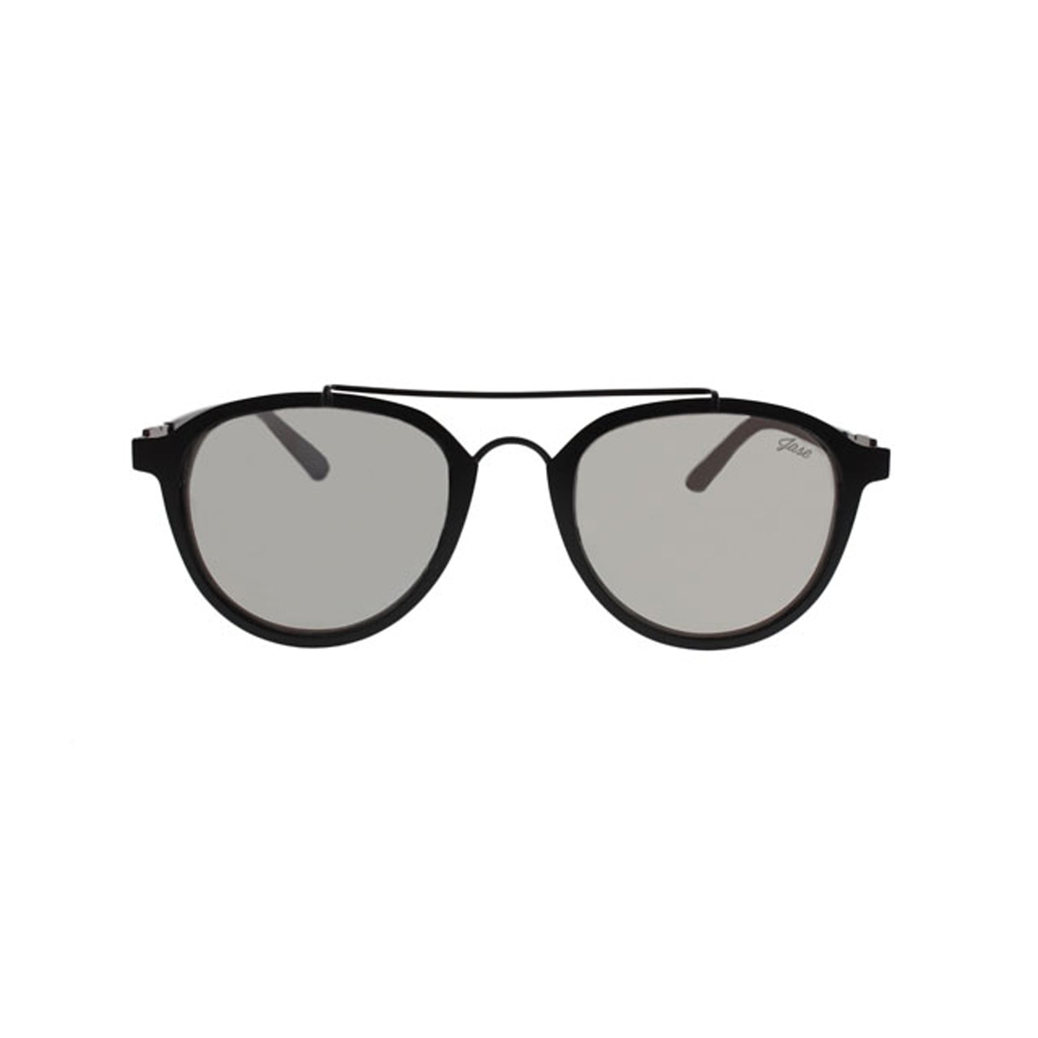 Black round sunglasses with dark tinted lenses and a thin top bridge on a white background.