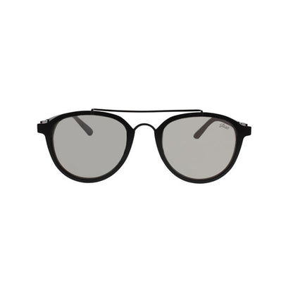 Black round sunglasses with dark tinted lenses and a thin top bridge on a white background.