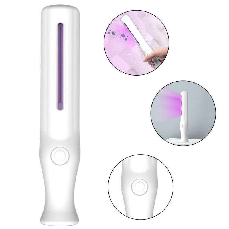 White handheld UV sanitizer with purple light, power button, and usage illustrations in two circles.