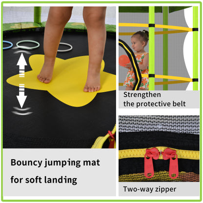 Child standing on a yellow shape on a trampoline mat; red zipper and protective belts shown.