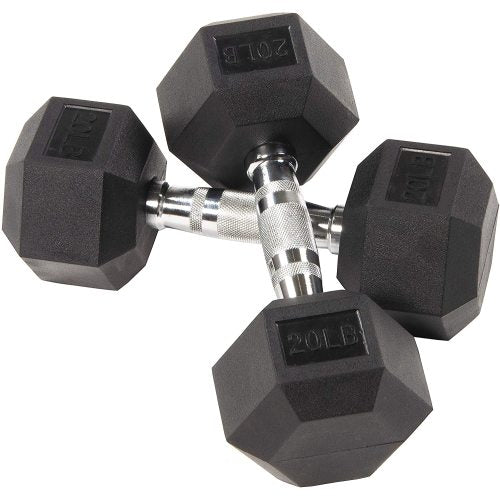 Two black hex dumbbells with silver textured grips, each marked "20 LB."
