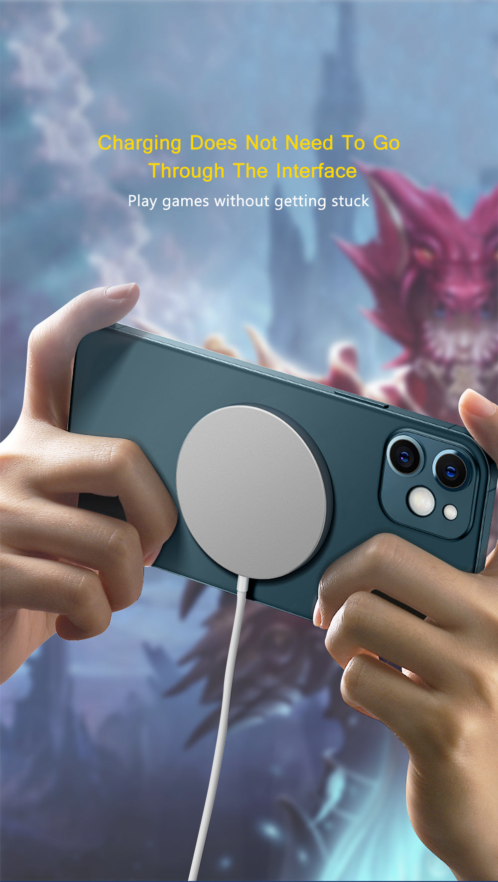 Hands holding a smartphone with a wireless charger attached, playing a game. Text in yellow above.