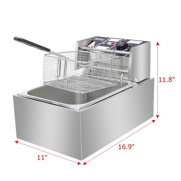 Silver deep fryer with basket, control knob, and dimensions: 16.9"x11"x11.8".