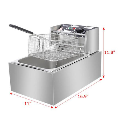 Silver deep fryer with basket, control knob, and dimensions: 16.9"x11"x11.8".