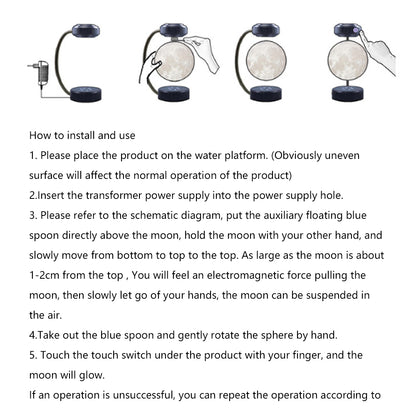 Instructions for levitating moon lamp with power plug, floating moon, and touch control.