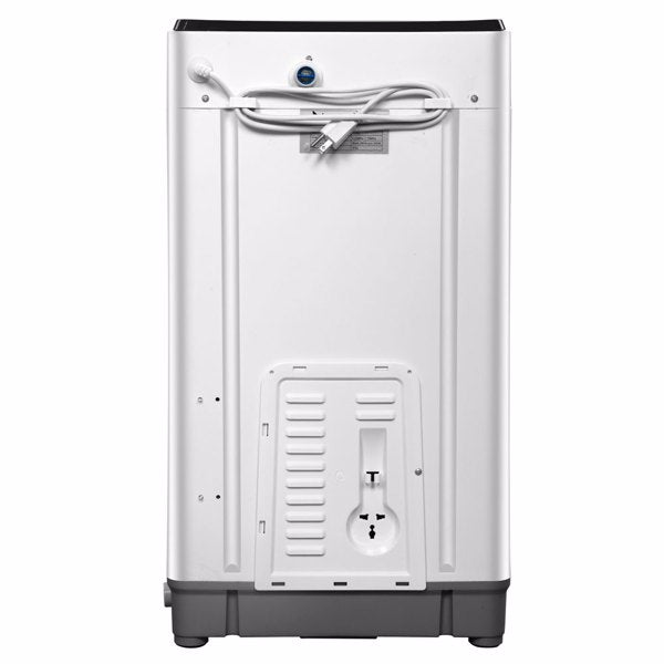 White appliance back view with a grey base, power cord wrapped at top, and ventilation panel.