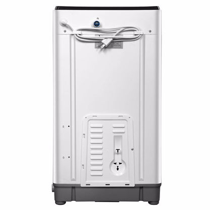 White appliance back view with a grey base, power cord wrapped at top, and ventilation panel.
