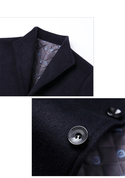 Dark coat with a quilted, patterned lining and circular black button detail.
