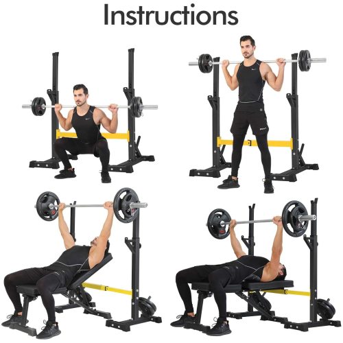 Man in black gym attire using a barbell for squats and bench presses on a squat rack.