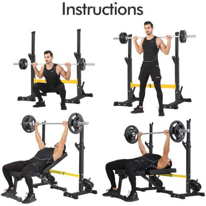 Man in black gym attire using a barbell for squats and bench presses on a squat rack.
