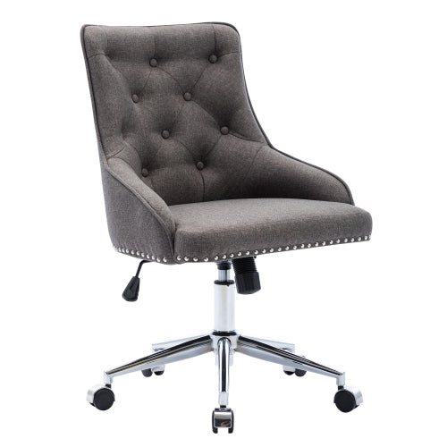 Gray tufted office chair with chrome base, adjustable height, and black caster wheels.