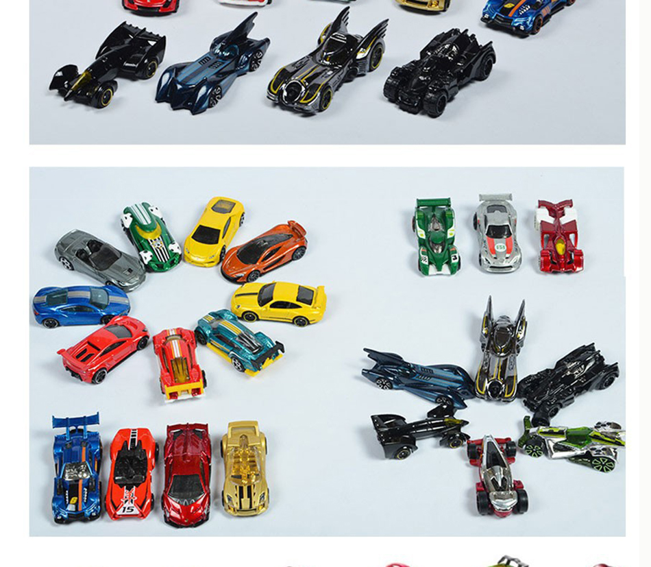 Assorted colorful toy cars arranged in rows and circles on a light background.