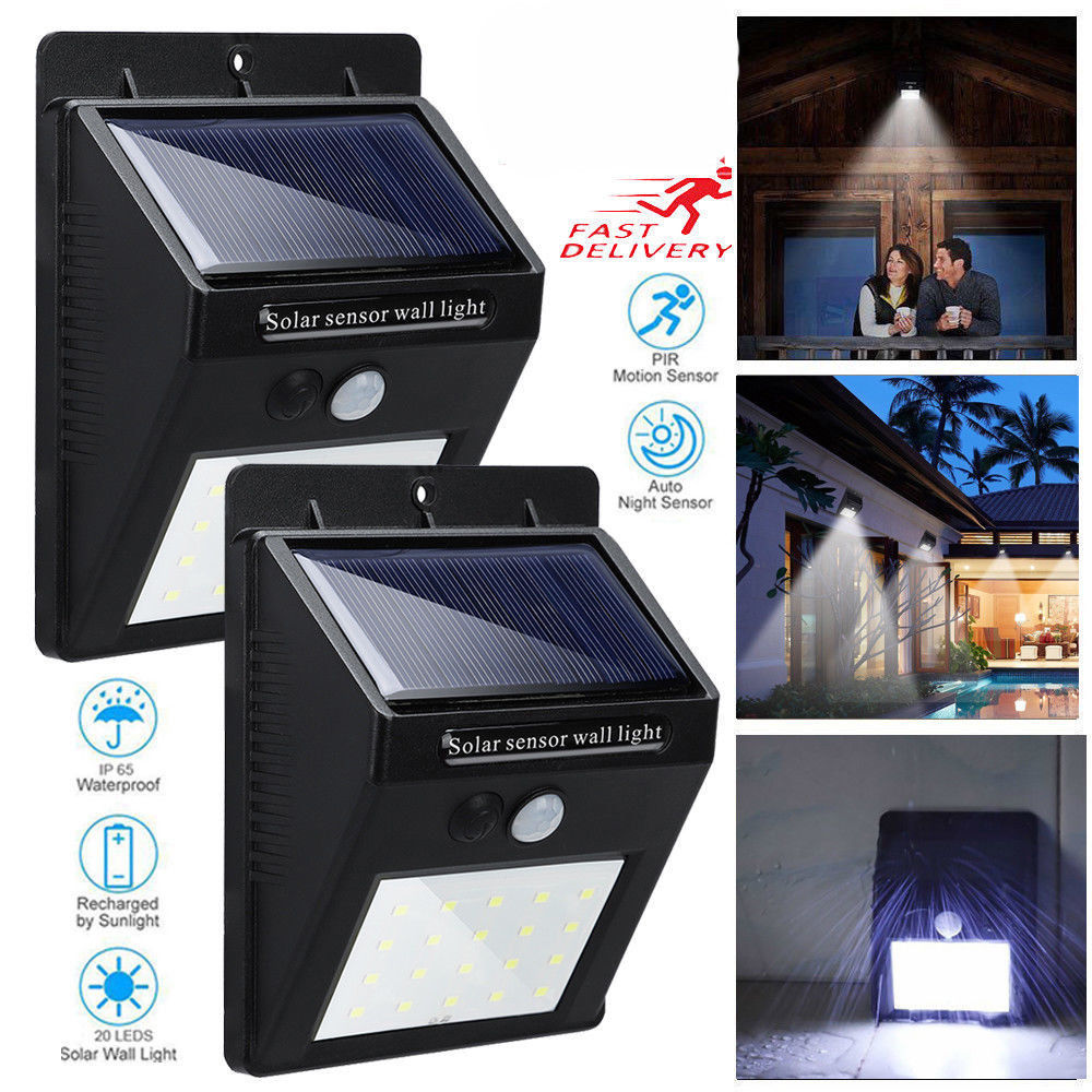 Black solar sensor wall light with motion detector, LED lights, and waterproof design.
