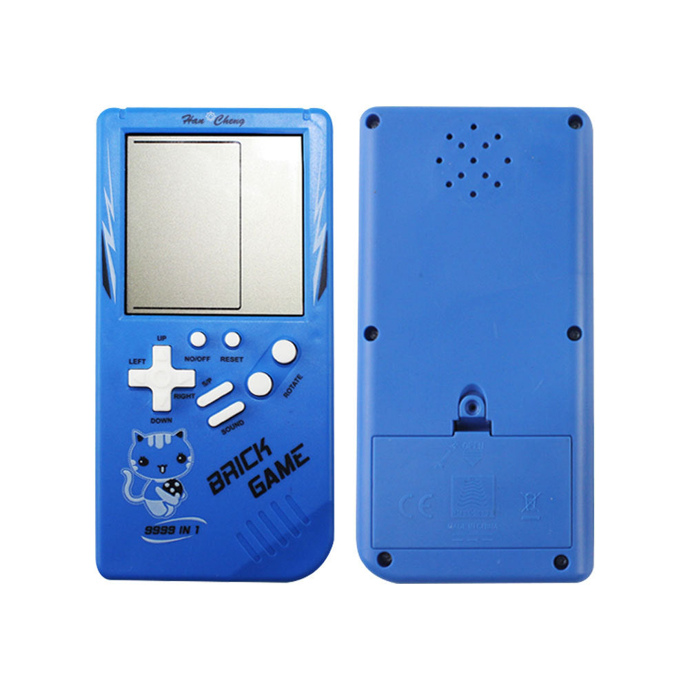 Blue handheld brick game device with a screen, buttons, and a pixel cat graphic on the front.