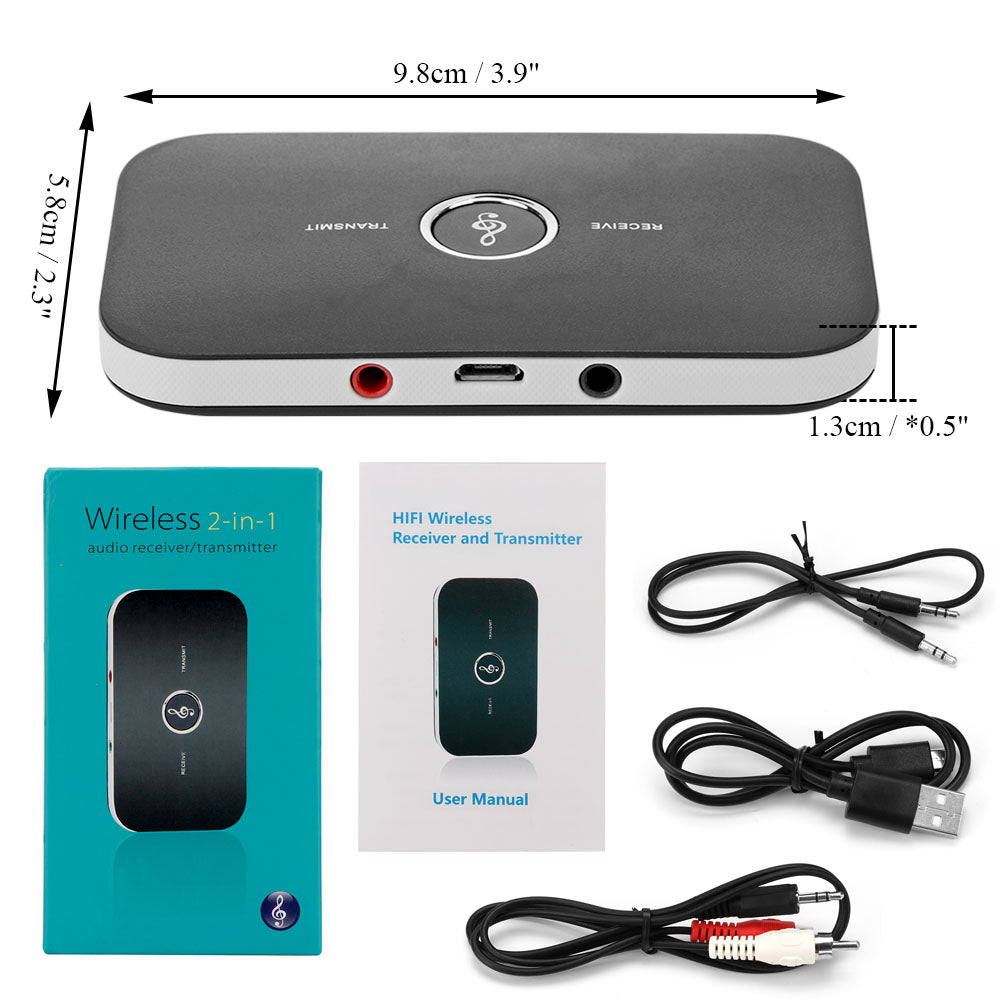 Black rectangular wireless transmitter with ports, cables, user manual, and teal packaging.