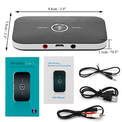 Black rectangular wireless transmitter with ports, cables, user manual, and teal packaging.