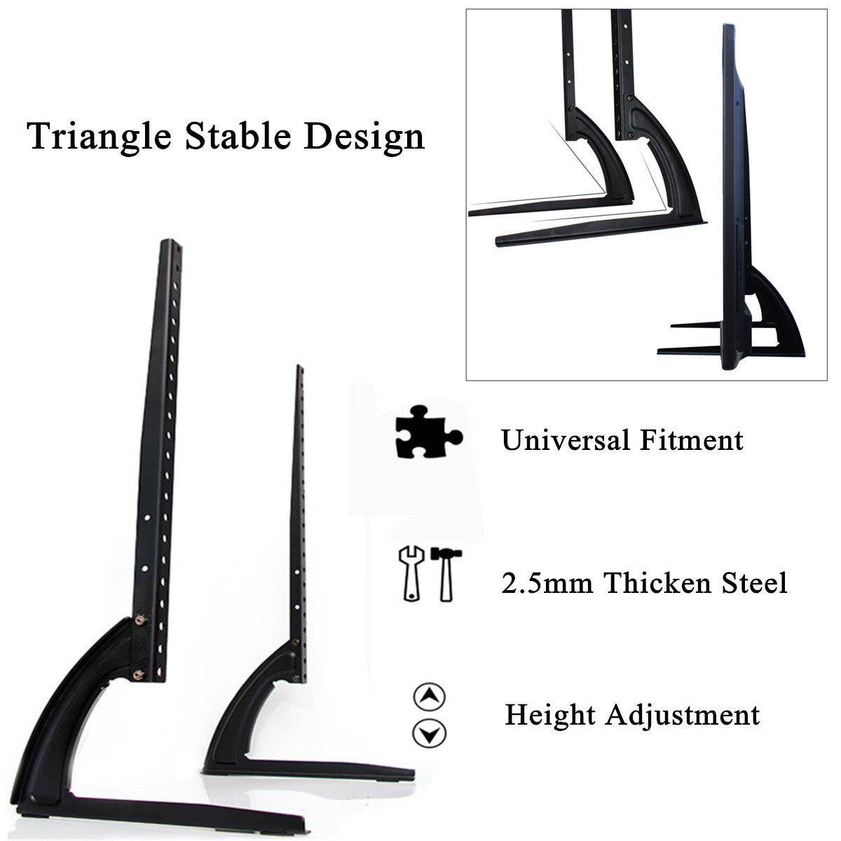 Black metal TV stand with triangular base, height adjustable; text highlights key features.