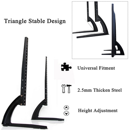 Black metal TV stand with triangular base, height adjustable; text highlights key features.