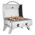 Stainless steel grill with open lid; skewers and meat cooking over flames, two control knobs.