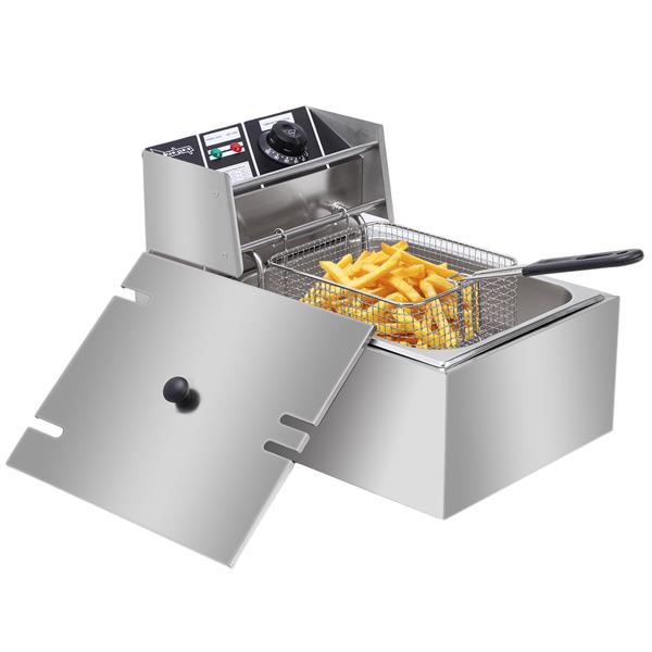 Silver deep fryer with open lid, frying basket holds golden fries.