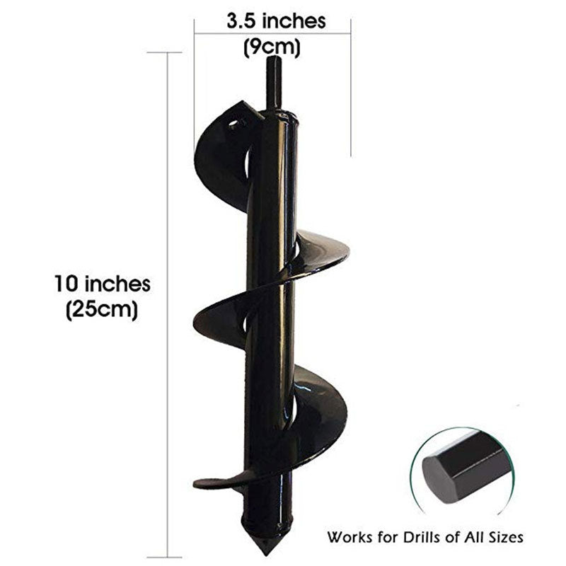 Black spiral auger, 10 inches (25 cm) long, 3.5 inches (9 cm) wide, fits all drill sizes.
