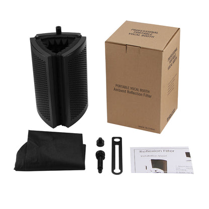 Black vocal booth filter, brown box, black parts, cloth, and manual on white background.