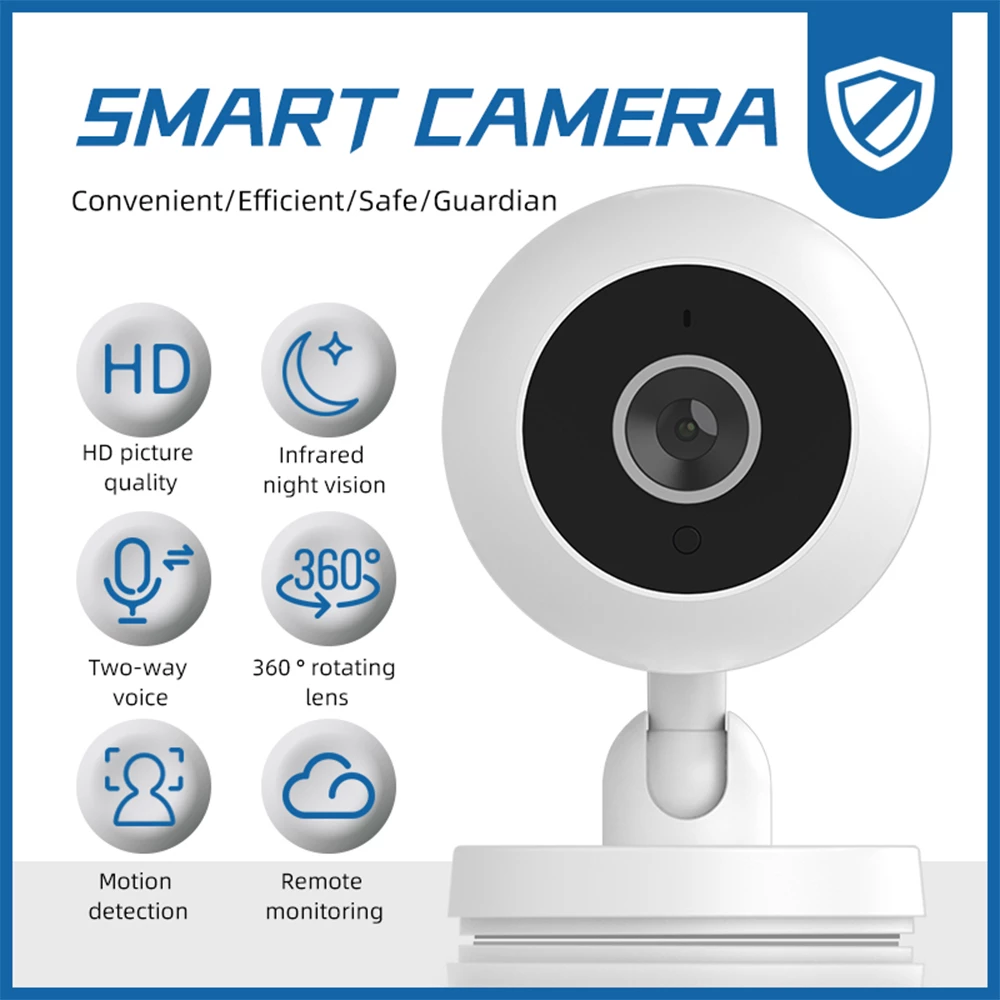 White smart camera with black lens, six feature icons, and blue text: HD, night vision, 360° view.