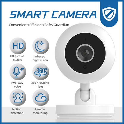 White smart camera with black lens, six feature icons, and blue text: HD, night vision, 360° view.