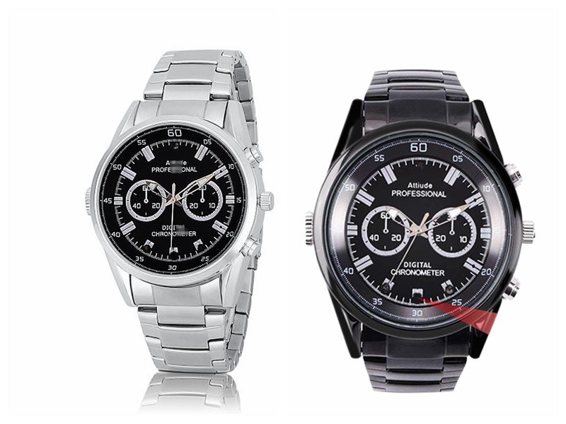 Two chronograph watches with black dials; one with a silver band, the other with a dark band.