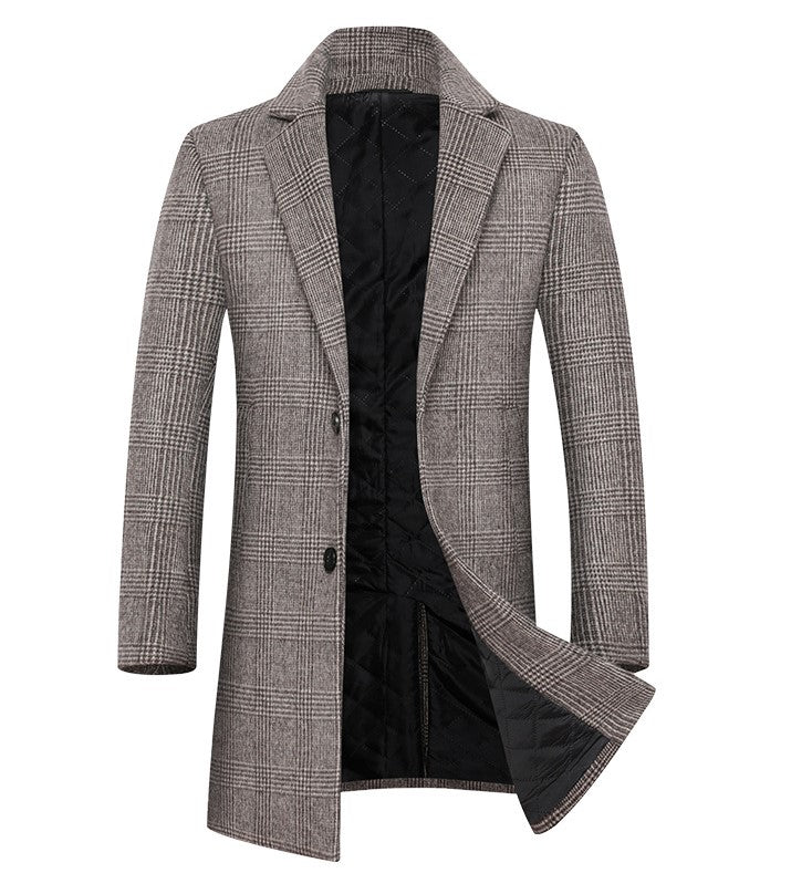 Gray plaid coat with black quilted lining, notch lapel, and two buttons, open stance.